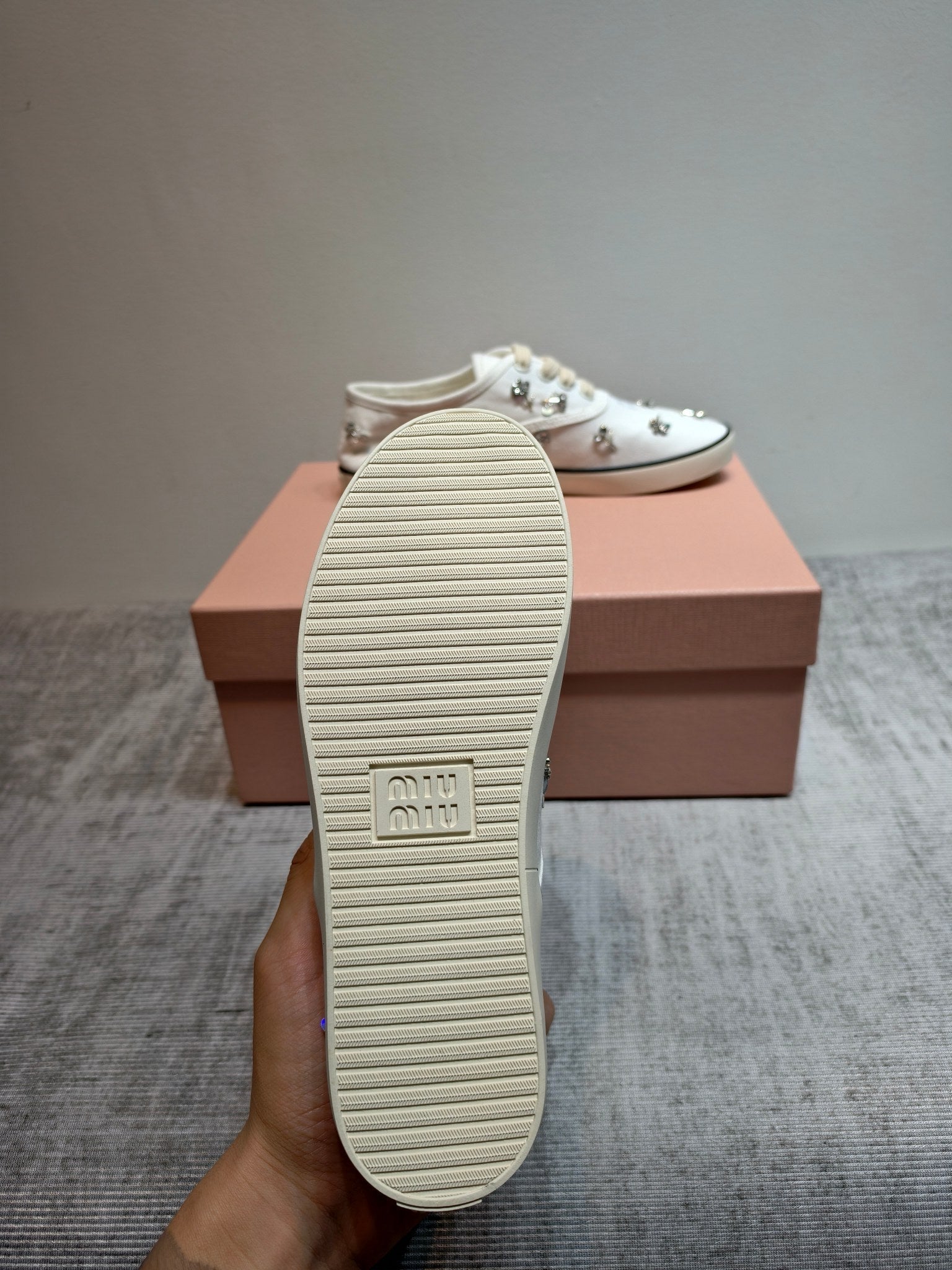 MIUMIU 26S LOW TOP SNEAKERS IN WHITE CANVAS CRYSTAL-EMBELLISHED