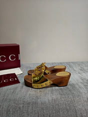 GUCCI 26S PLATFORM MULES IN GOLD CALFSKIN GOLD HARDWARE