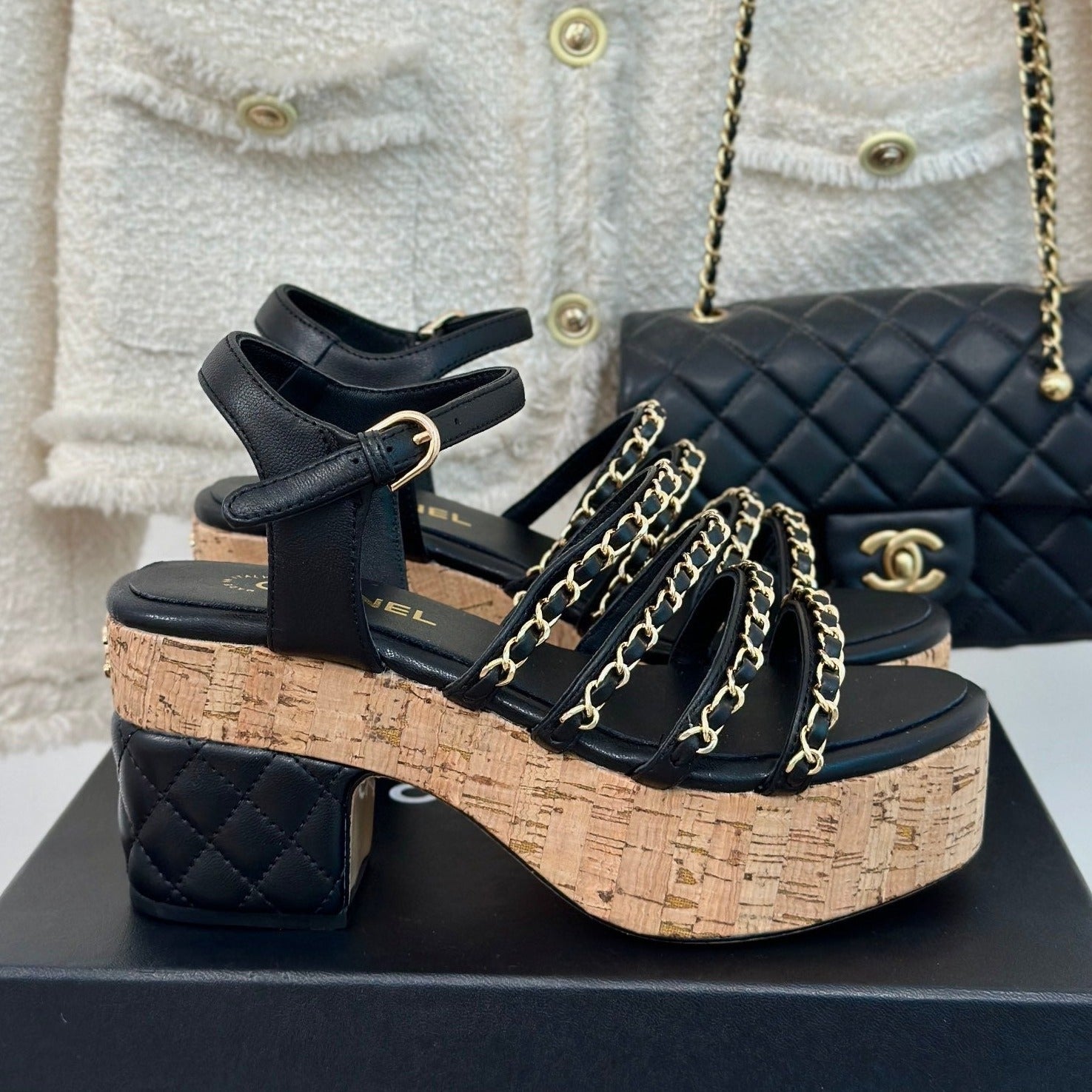 Double C Wooden Chain Platform Block Heel Sandals Black