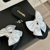 Double CC big bow flat sandals Sheepskin White Black