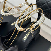 Double C Big Bow Pearl Chain High Sandals Black Lambskin