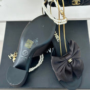 Double C Big Bow Pearl Chain High Sandals Black Lambskin