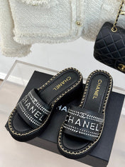 THICK SOLE WEDGE SLIPPERS IN BLACK MIX WHITE CALFSKIN