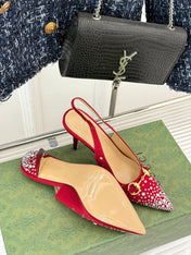 HIGH SLINGBACK 8.5 CM IN RED FABRIC WITH RHINESTONE EMBELLISHMENTS