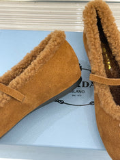 PRADA 25S MARY JANE FLATS IN BROWN SUEDE WITH GOLD HARDWARE