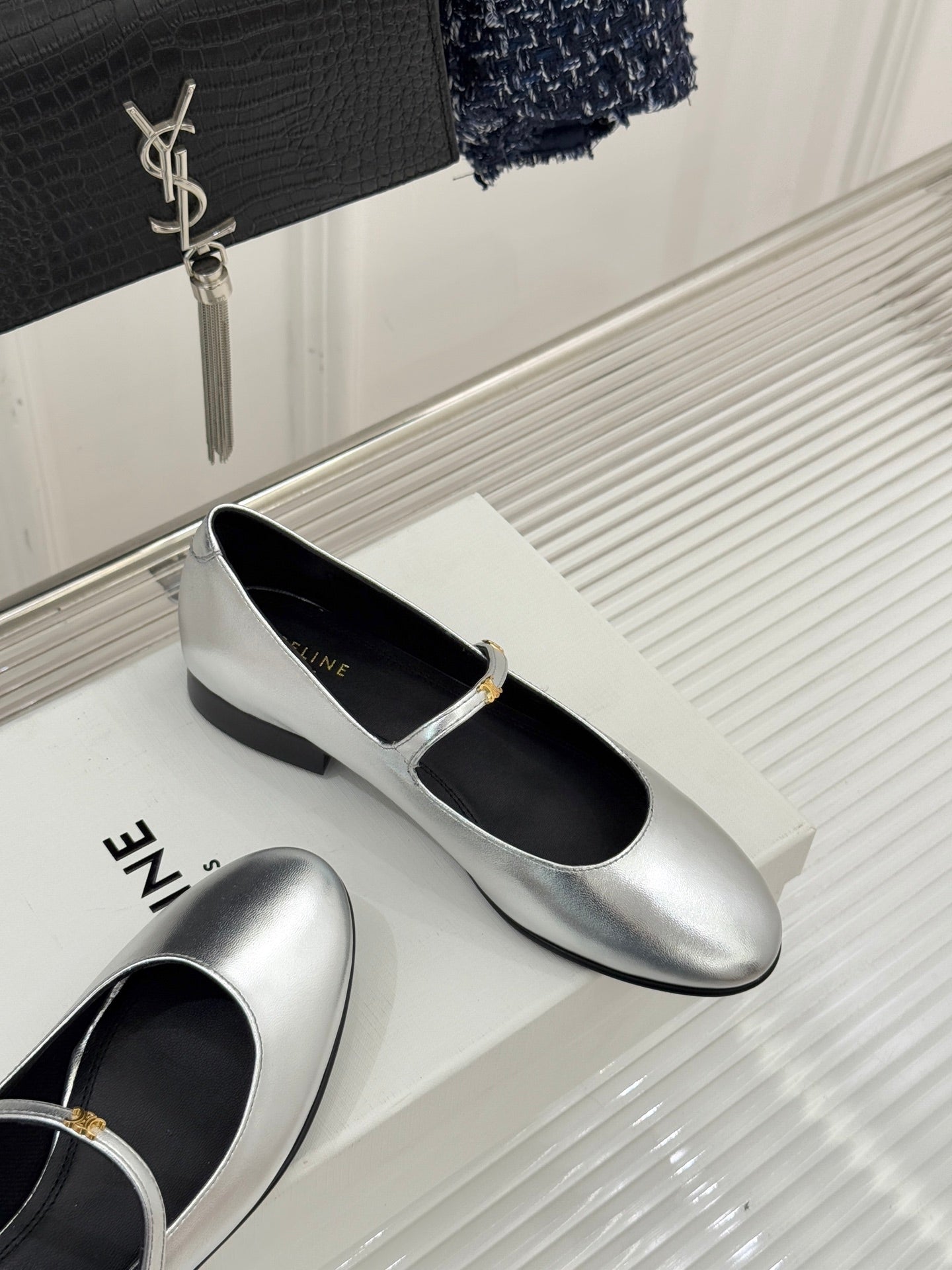 CELINE 26S MARY JANE SHOES IN SILVER LAMBSKIN