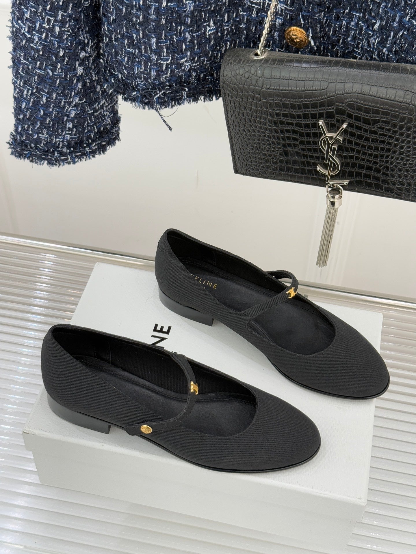 CELINE 26S MARY JANE SHOES IN BLACK FABRIC