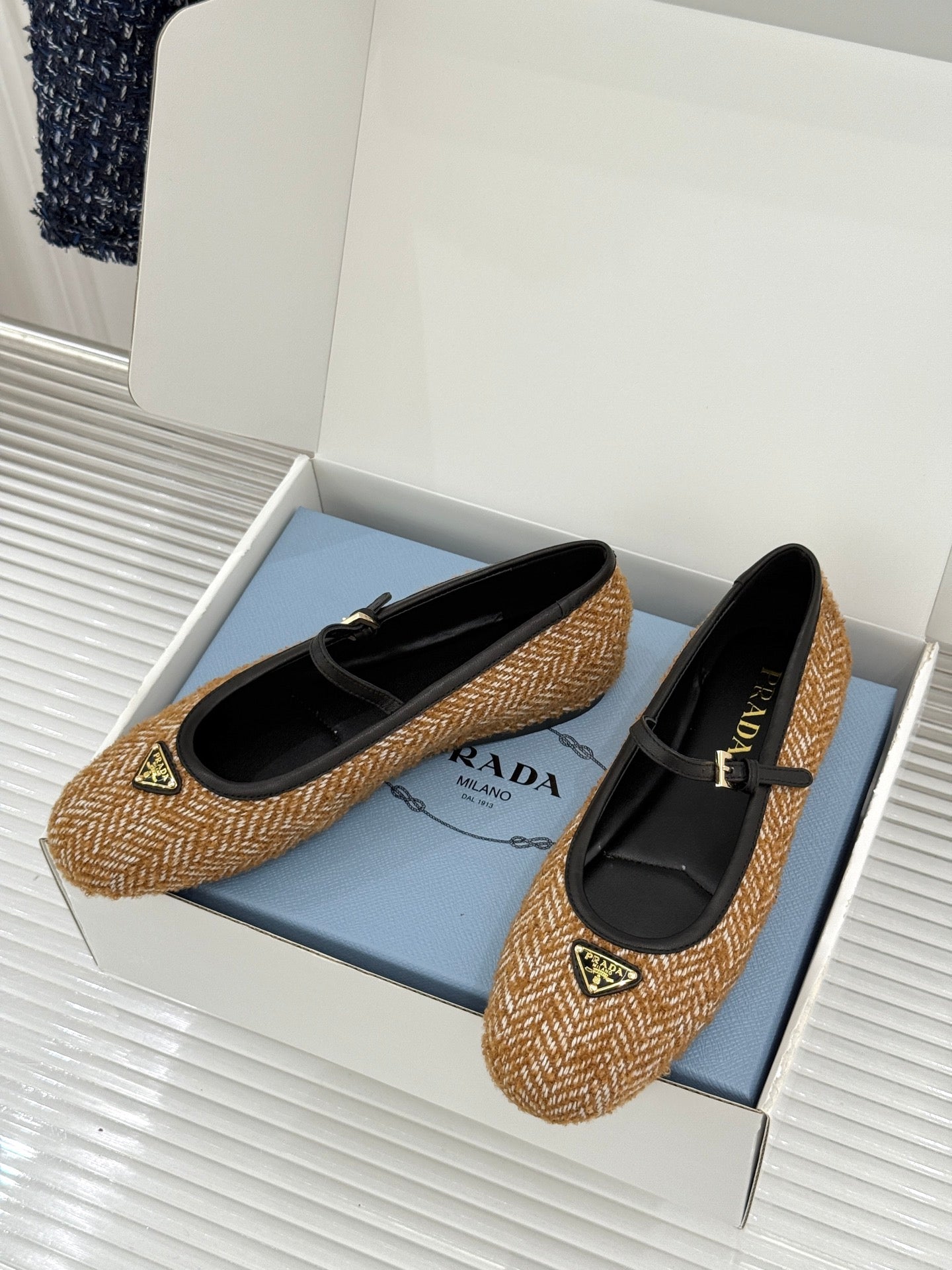 PRADA 26S MARY JANE  FLATS IN COGNAC BROWN TWEED