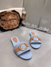 CHLOÉ SLIDE MULE IN LIGHT BLUE DENIM AND BROWN CALFSKIN GOLD HARDWARE