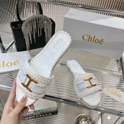 WOVEN SLIPPER IN WHITE WOOL AND LAMBSKIN GOLD HARDWARE