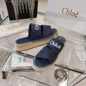 MILA PLATFORM 5 CM IN NAVY BLUE FABRIC AND BEIGE RAFFIA