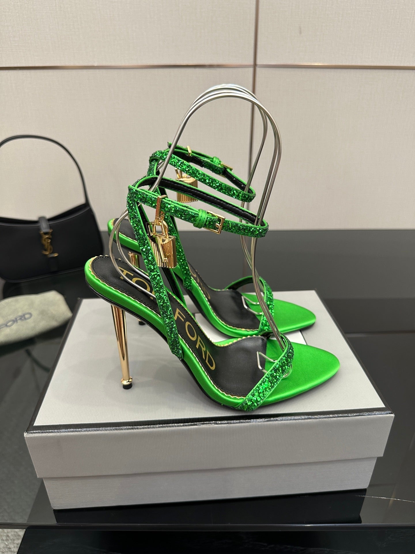 TOM FORD 26S HEELED SANDALS 100 MM IN GREEN CALFSKIN