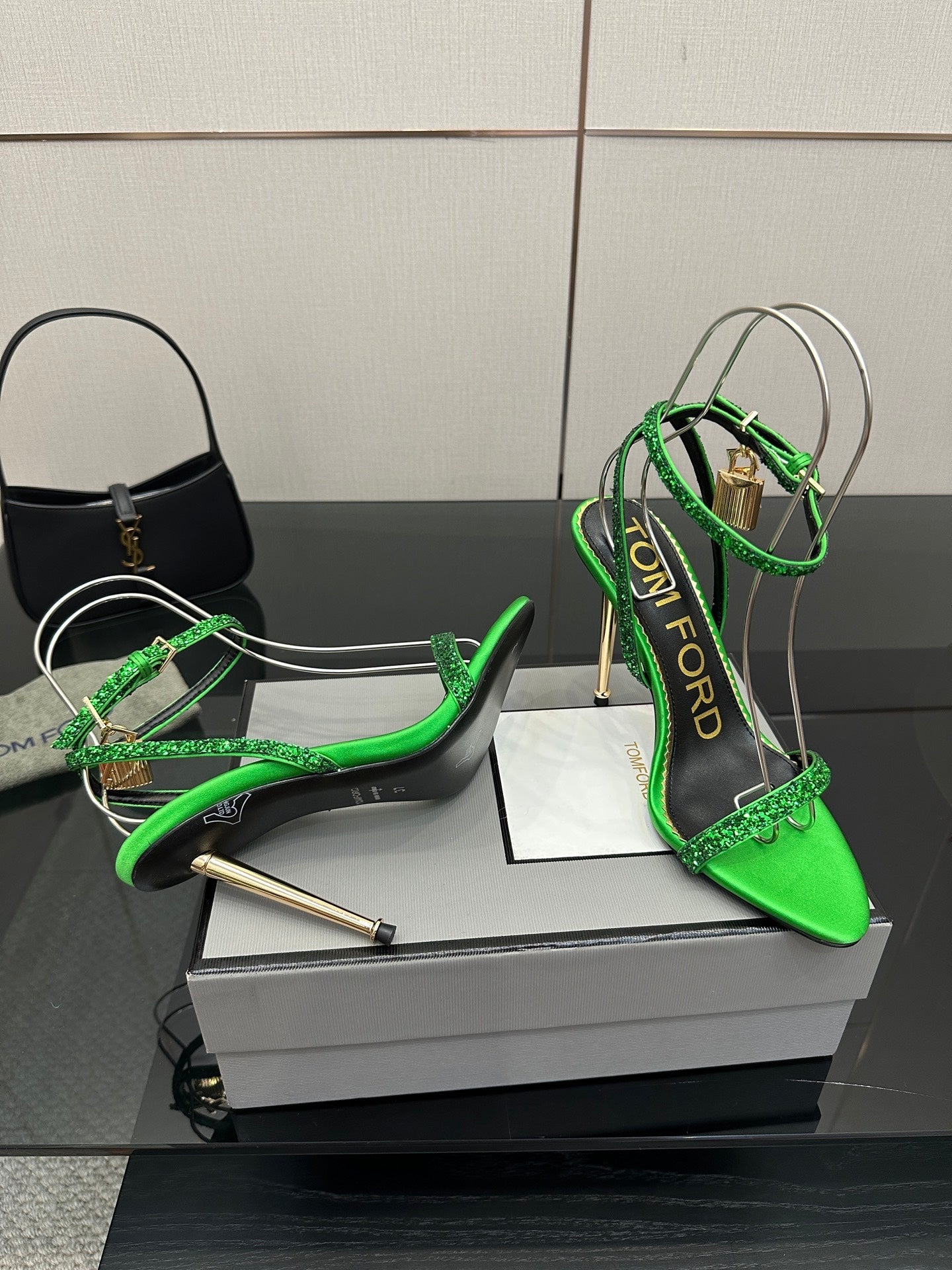 TOM FORD 26S HEELED SANDALS 100 MM IN GREEN CALFSKIN