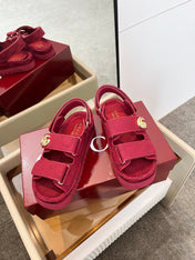 VELCRO STRAP SANDALS IN BRICK RED MONOGRAM CANVAS GOLD HARDWARE