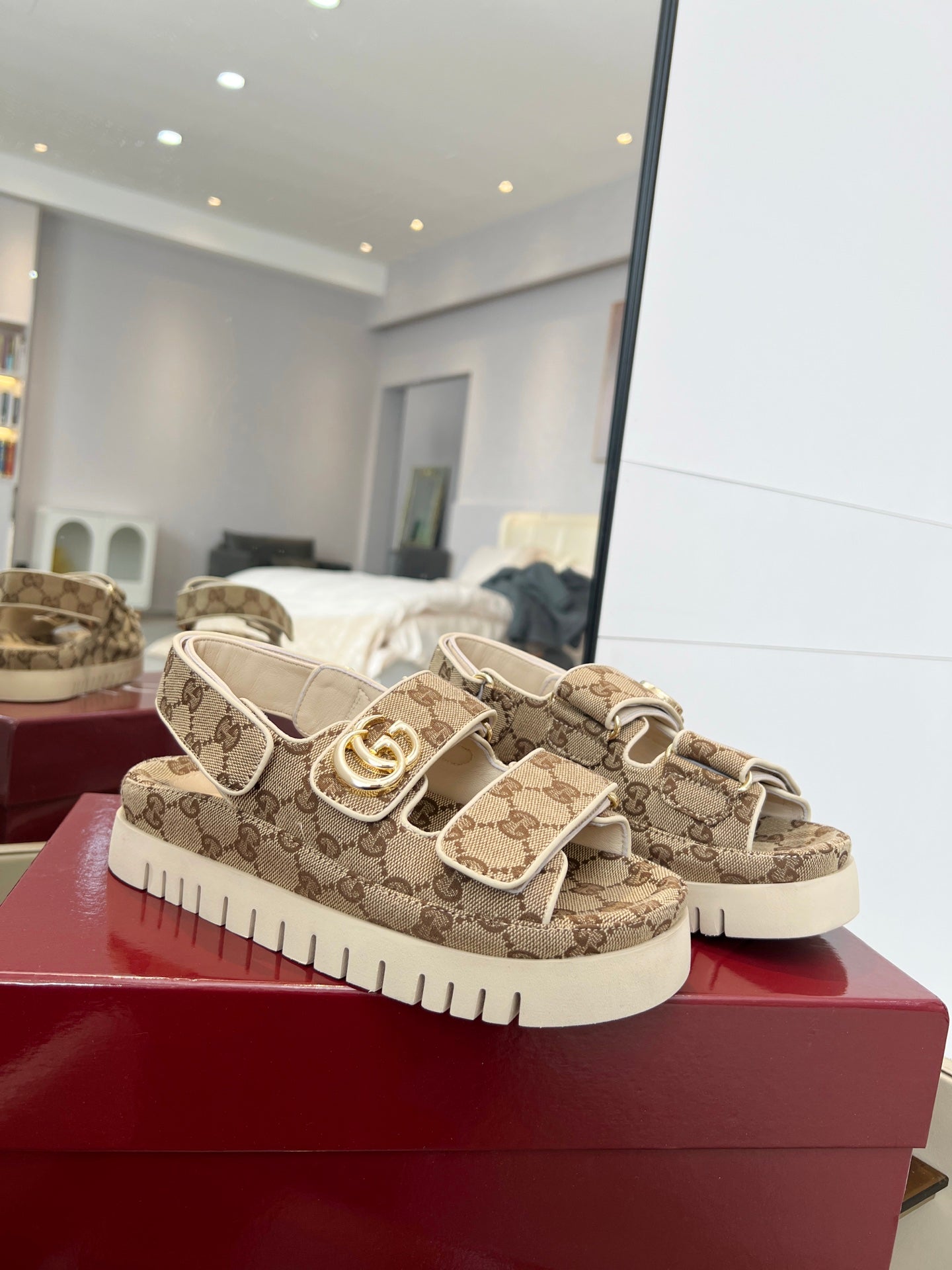 VELCRO STRAP SANDALS IN BEIGE AND DARK BROWN MONOGRAM CANVAS GOLD HARDWARE
