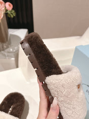 PRADA 25S FLAT MULES IN WHITE AND DARK BROWN RABBIT FUR