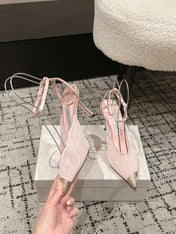 JIMMY CHOO 26S SLINGBACK HEELS 95 MM IN LIGHT PINK LACE