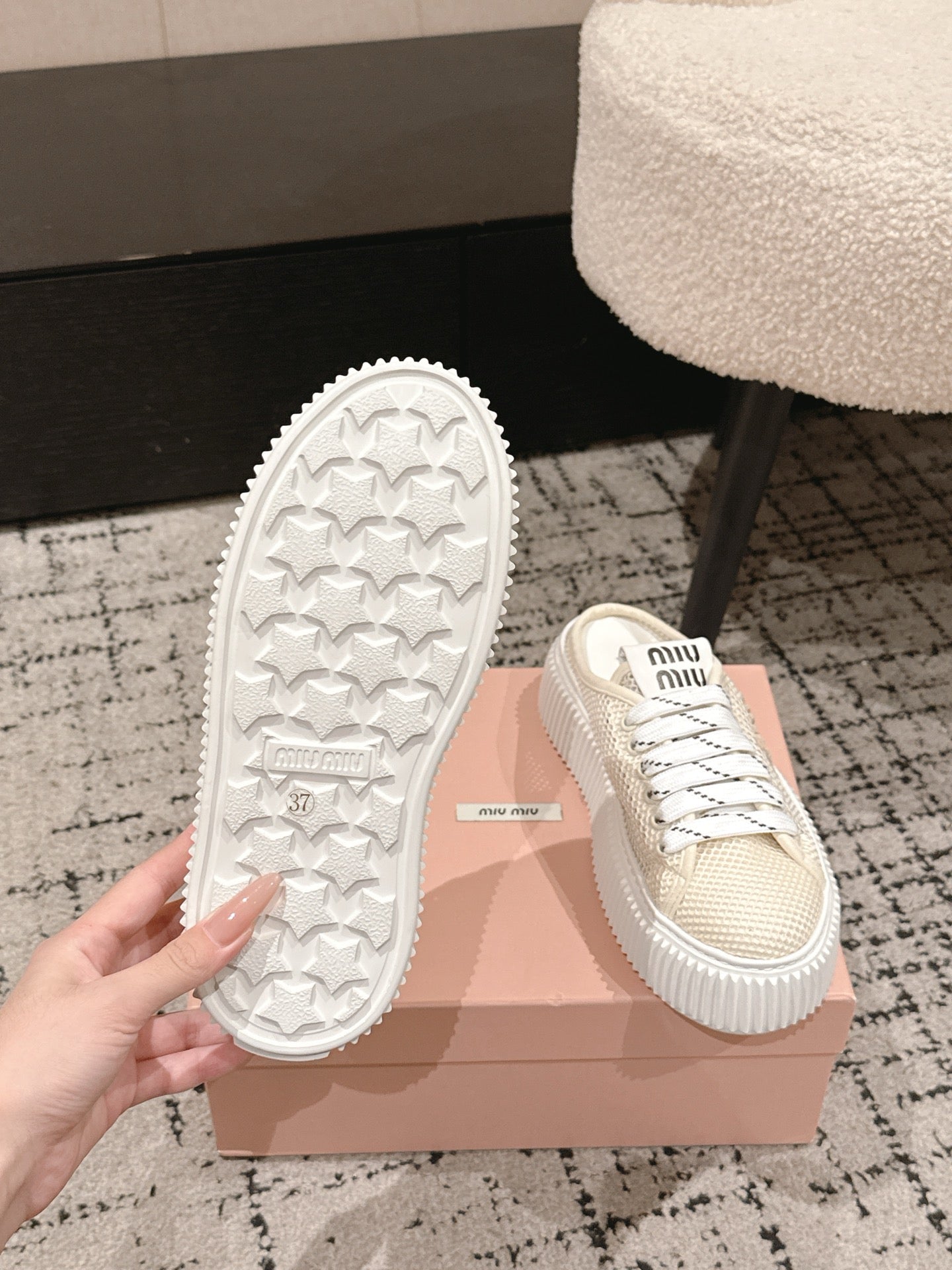 MIUMIU 26S SNEAKER MULES 45MM IN LIGHT BEIGE MESH