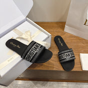DIOR 26S FLAT SLIDE SANDALS IN BLACK CRYSTAL-EMBROIDERED CANVAS