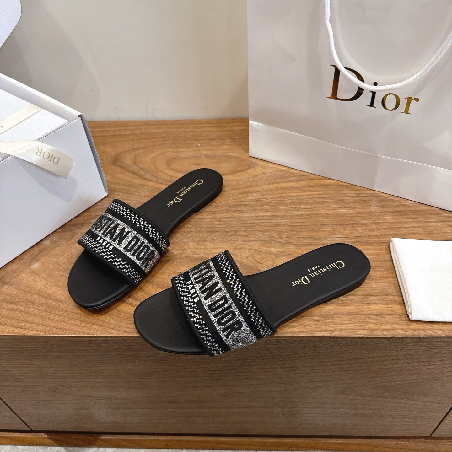 DIOR 26S FLAT SLIDE SANDALS IN BLACK CRYSTAL-EMBROIDERED CANVAS