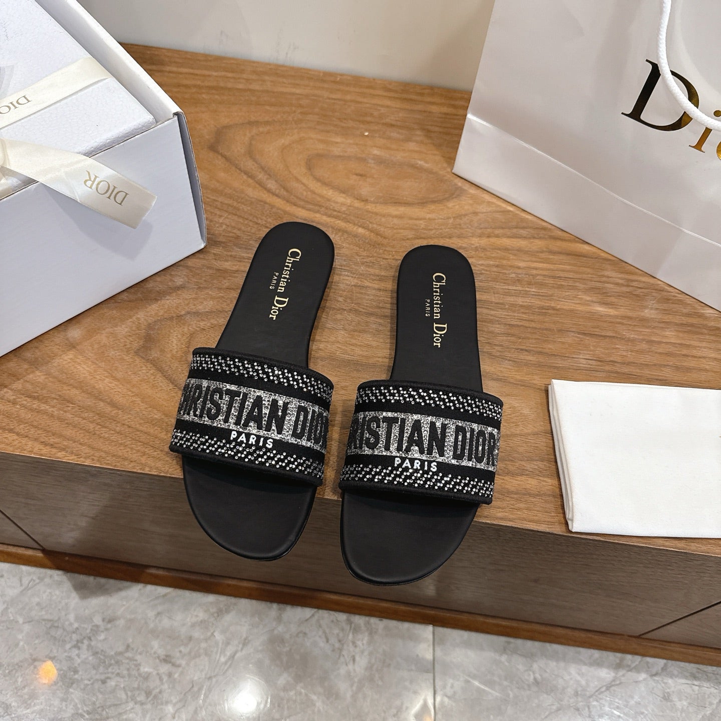 DIOR 26S FLAT SLIDE SANDALS IN BLACK CRYSTAL-EMBROIDERED CANVAS