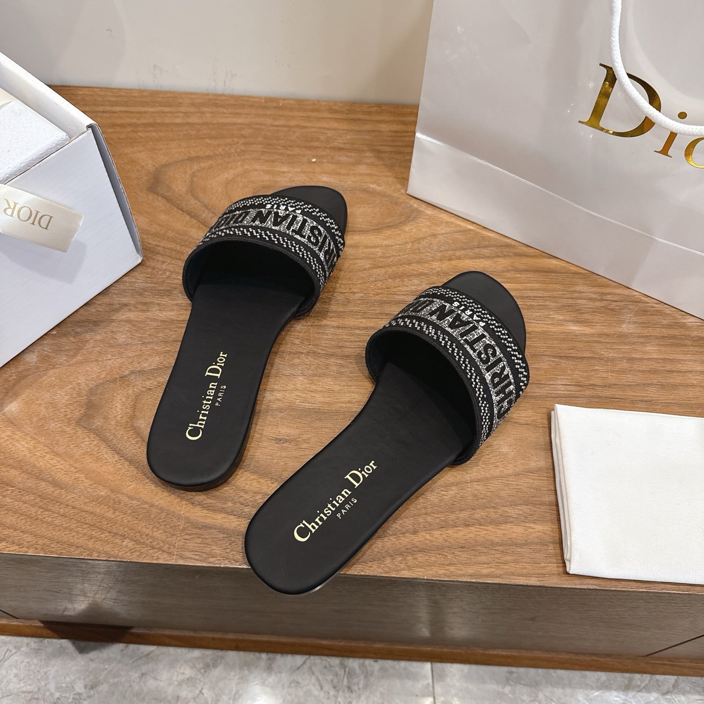 DIOR 26S FLAT SLIDE SANDALS IN BLACK CRYSTAL-EMBROIDERED CANVAS
