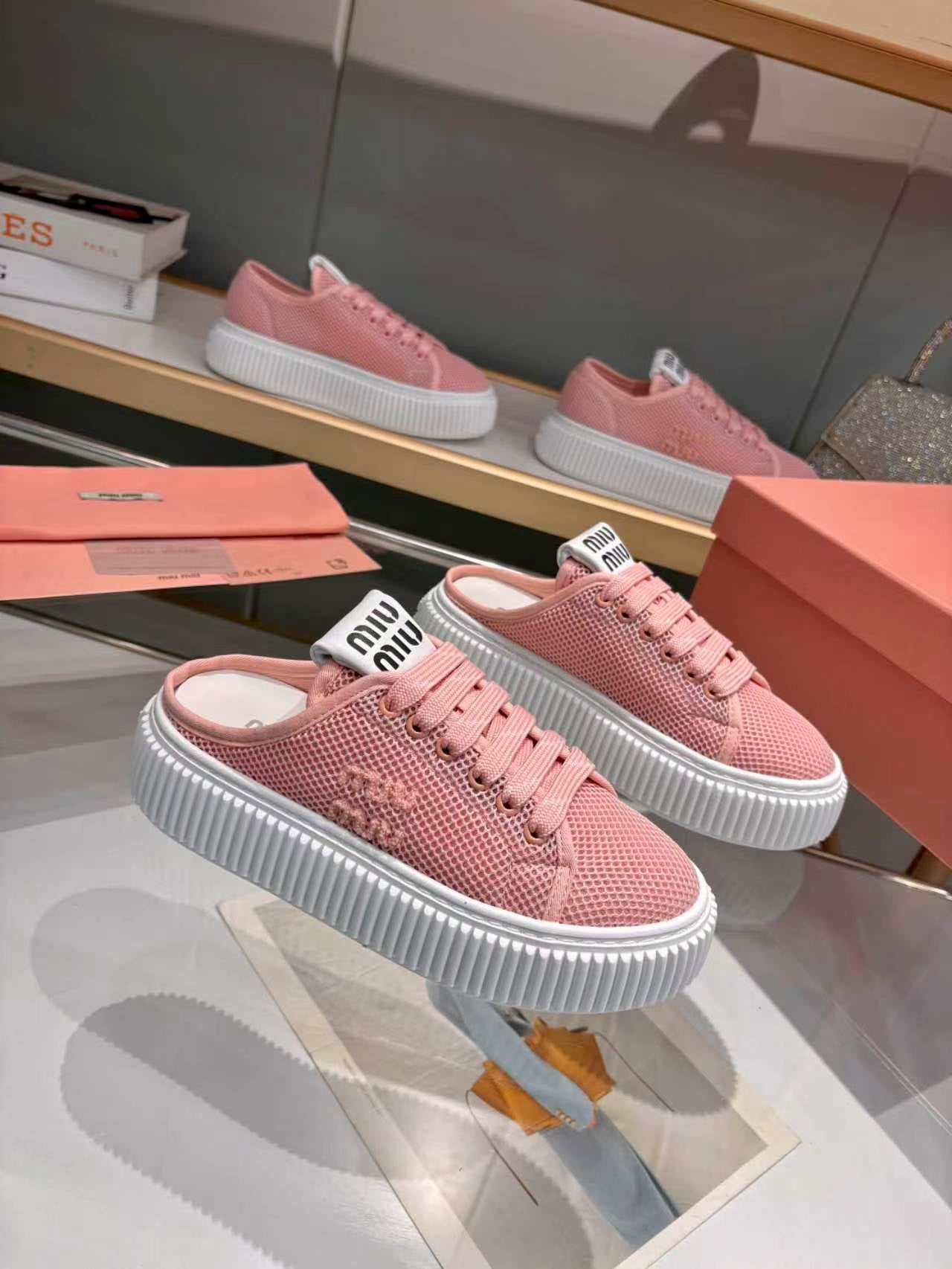 MIUMIU 26S SNEAKER MULES 45MM IN PINK MESH