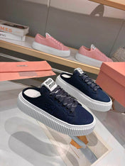 MIUMIU 26S SNEAKER MULES 45MM IN NAVY BLUE MESH