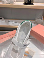 MIUMIU 26S MARY JANE BALLERINAS IN WHITE AND GREEN CALFSKIN