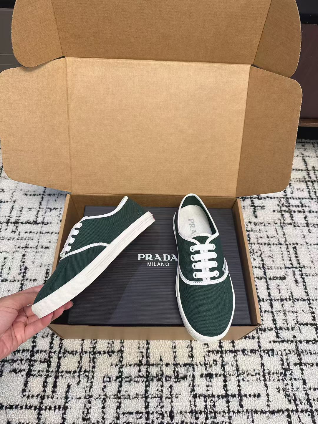 PRADA 26S LACE UP SNEAKERS IN DARK TEAL CANVAS