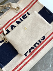SHOPPING BAG 38 IN WHITE RED AND NAVY BLUE CANVAS