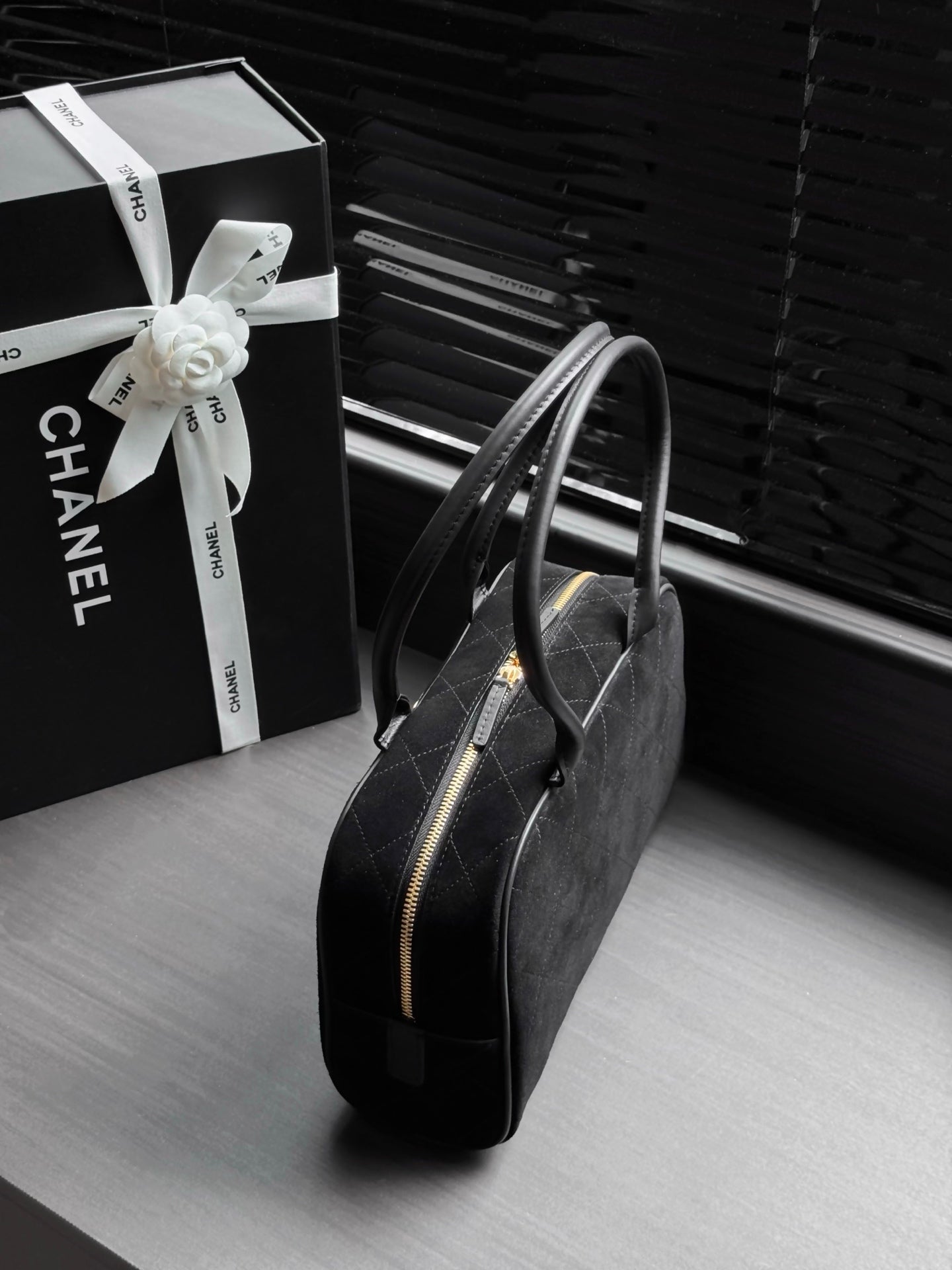 CHANEL 26S CLASSIC BOWLING BAG 29 IN BLACK SUEDE