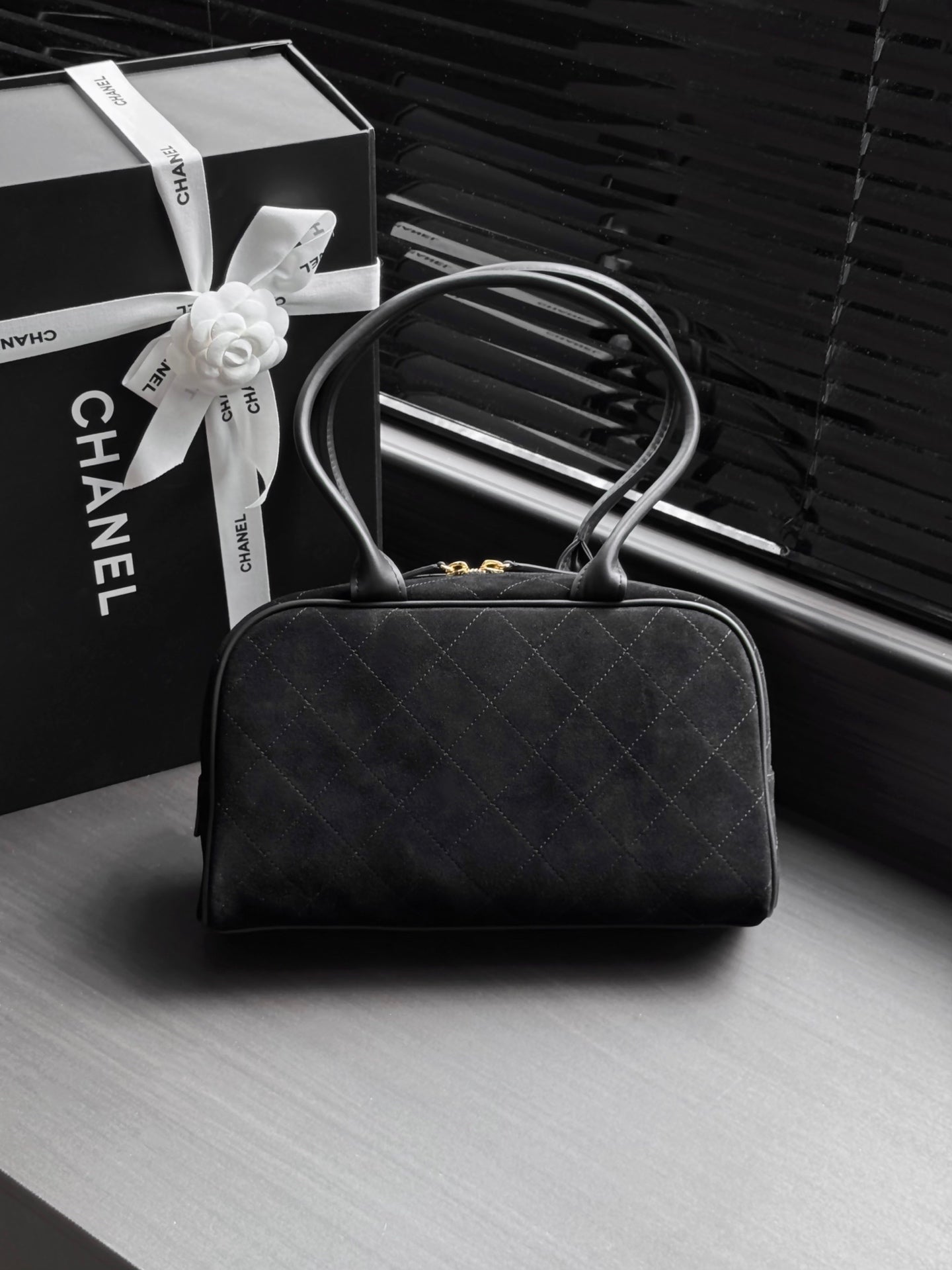 CHANEL 26S CLASSIC BOWLING BAG 29 IN BLACK SUEDE