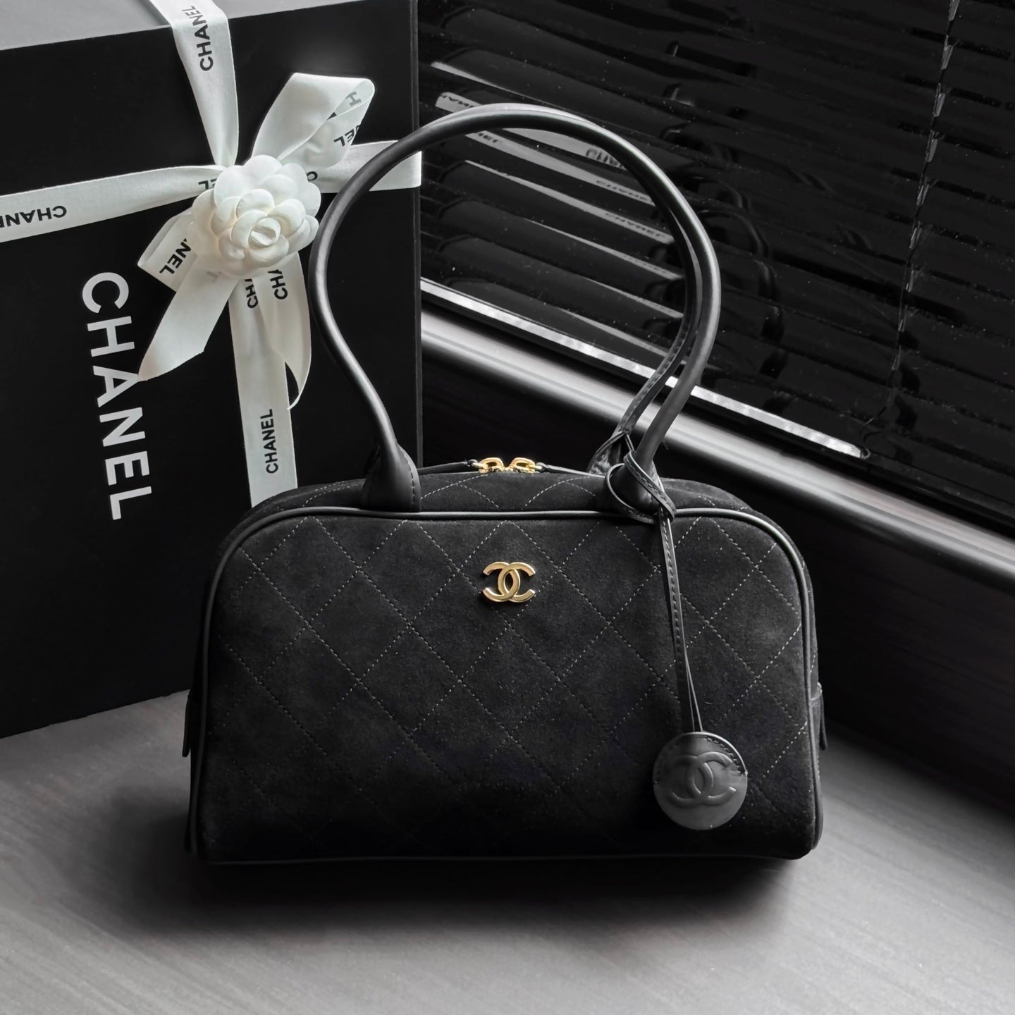 CHANEL 26S CLASSIC BOWLING BAG 29 IN BLACK SUEDE