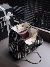 CHANEL 26S SHOPPING TOTE 36 IN BLACK WITH WHITE VERTICAL-STRIPED TWEED