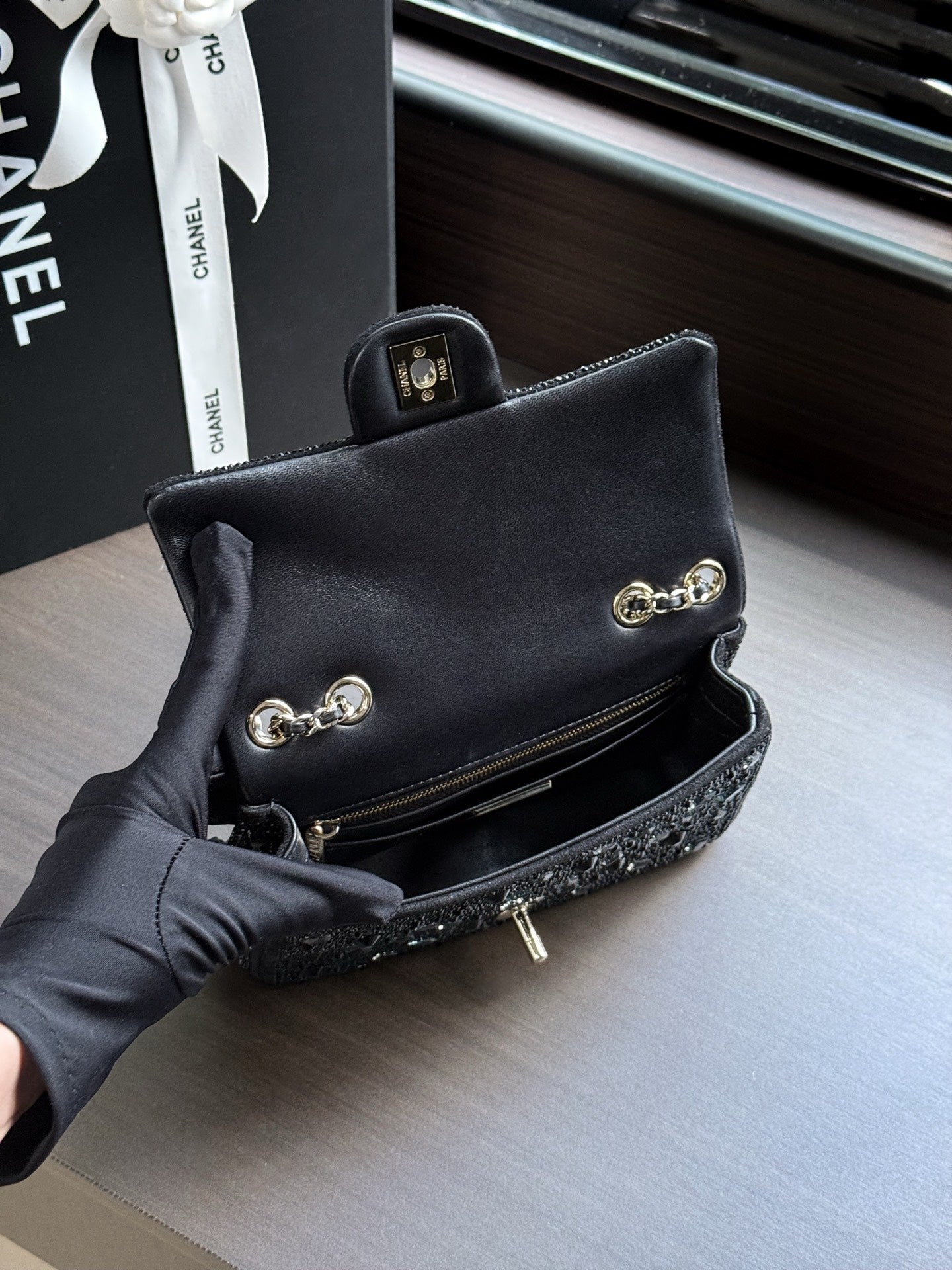 CHANEL 26S FLAP BAG 21 IN BLACK CRYSTAL-EMBELLISHED SPARKLING