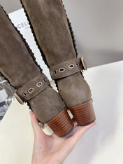 CELINE 25S BULKY LACED UP BOOTS 45MM IN CHARCOAL BROWN SUEDE