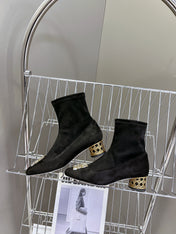ICON HEELED ANKLE BOOT BLACK SUEDE 4 CM WITH GOLD LOGO