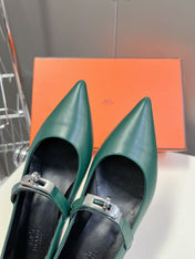 HM 26S MARY JANE POINTED TOE HEELS 40MM IN EMERALD GREEN CALFSKIN KELLY BUCKLE