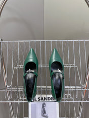 HM 26S MARY JANE POINTED TOE HEELS 40MM IN EMERALD GREEN CALFSKIN KELLY BUCKLE