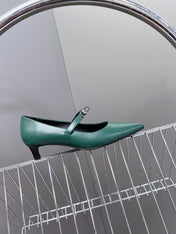 HM 26S MARY JANE POINTED TOE HEELS 40MM IN EMERALD GREEN CALFSKIN KELLY BUCKLE