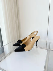SLINGBACKS 80 MM IN BEIGE CALFSKIN AND BLACK CANVAS