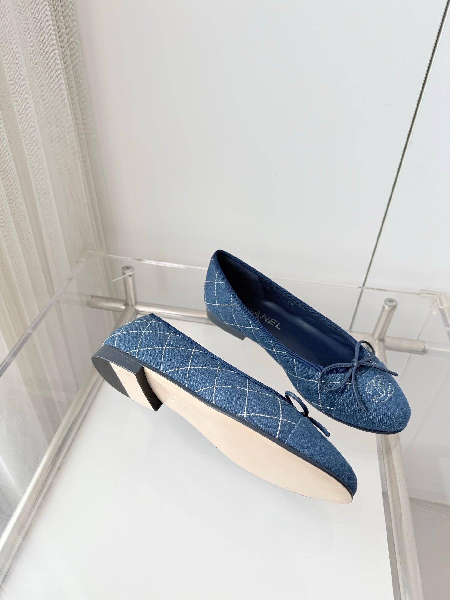 CHANEL 26S BALLET FLATS IN BLUE DENIM WITH BOW