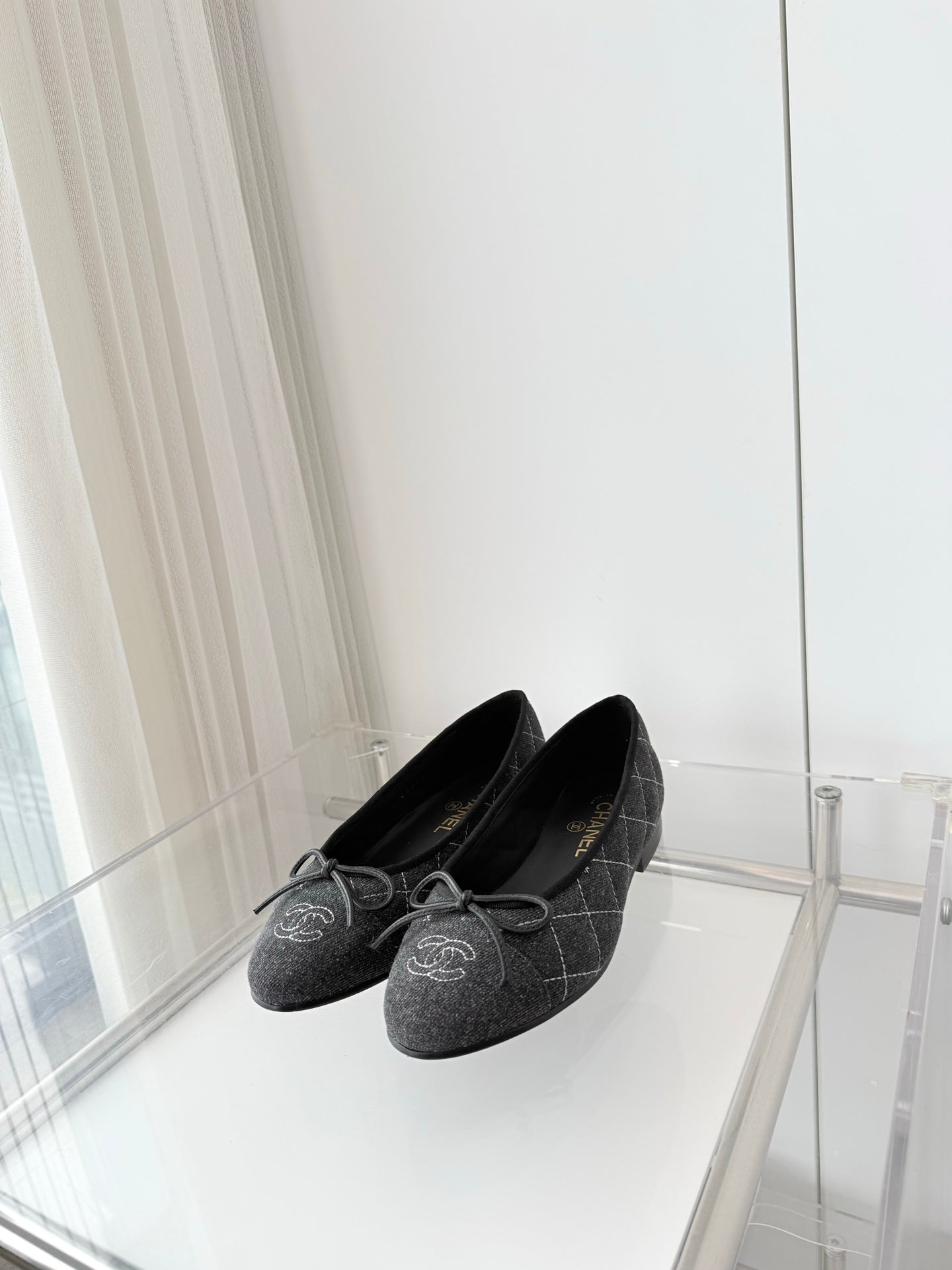 CHANEL 26S BALLET FLATS IN GREY DENIM WITH BOW