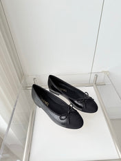 CHANEL 26S BALLET FLATS IN BLACK CALFSKIN WITH FABRIC TOE CAP AND BOW