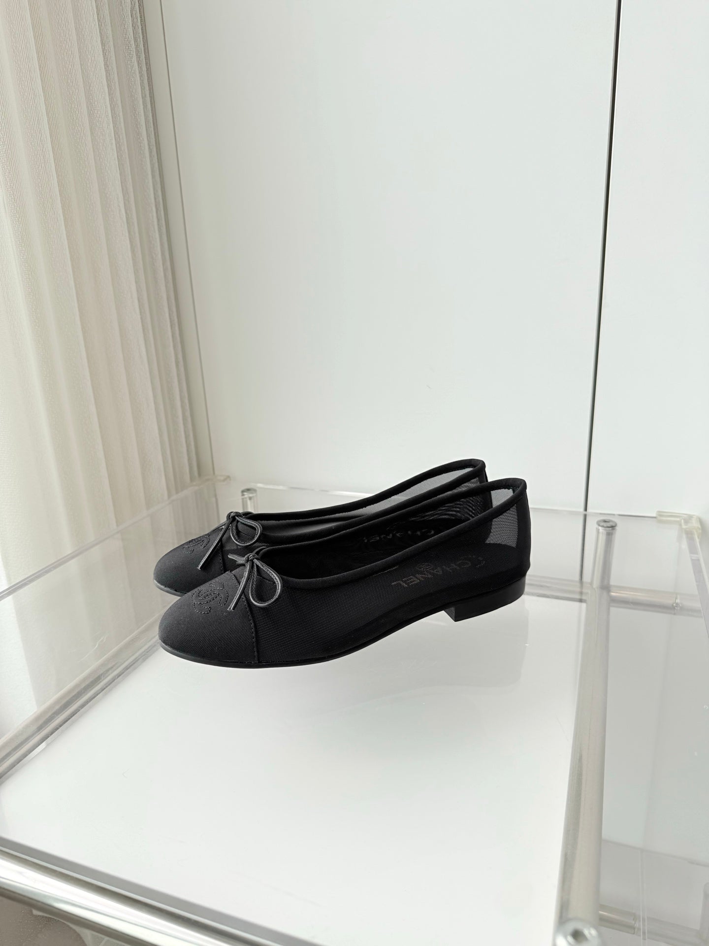 CHANEL 26S BALLET FLATS IN BLACK MESH TOE CAP AND BOW