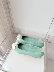 CHANEL 26S BALLET FLATS IN MINT GREEN CALFSKIN WITH WHITE TOE CAP AND BOW