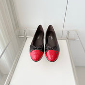 CHANEL 26S BALLET FLATS IN DARK BROWN CALFSKIN WITH RED PATENT TOE CAP & BOW