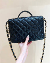 DOUBLE POCKETS FLAP BAG TOP HANDLE 24 IN BLACK LAMBSKIN GOLD HARDWARE