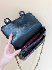 DOUBLE POCKETS FLAP BAG TOP HANDLE 24 IN BLACK LAMBSKIN GOLD HARDWARE